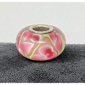 Glass Bead Pink Floral Charm Sterling Silver Core Fits Pandora Bracelet
